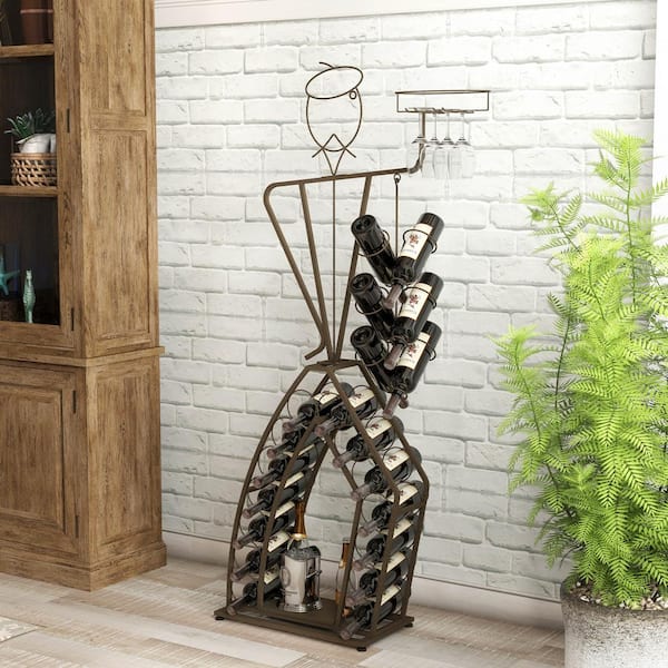 Siavonce Freestanding Unique Design Wine Bakers Rack with Storage Bottle, Wine Storage Home Bar for Liquor and Wine, Brown