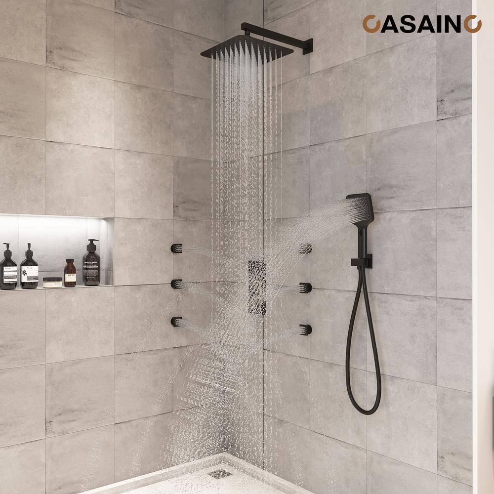 Matte Black 12-Inch Wall Mount Shower System with 6 Body Jets