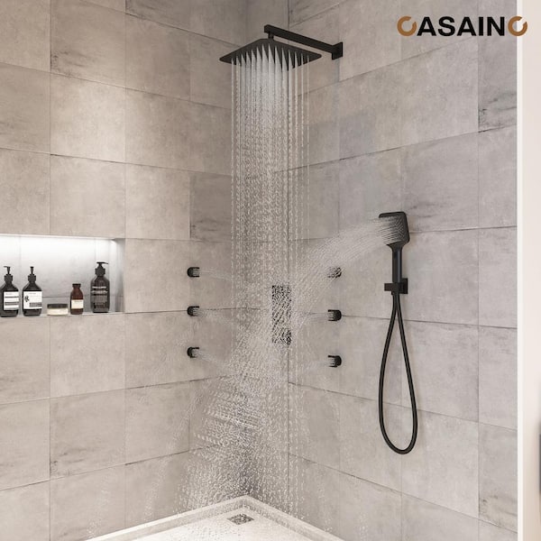 Luxury Thermostatic 3-Spray Patterns 12 in. Flush Wall Mount Rainfall Dual Shower Heads with 6-Jets in Matte Black
