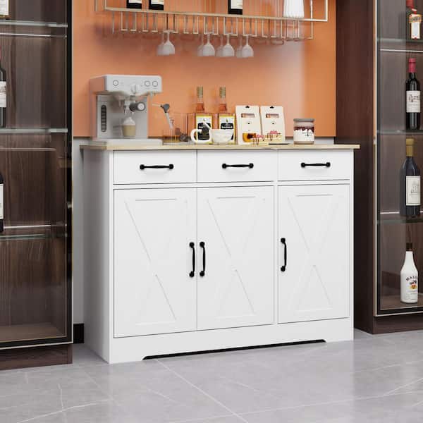 Tahanbath Farmhouse Buffet Cabinet Storage Sideboard with 3-Drawers and 3-Doors for Dining Living Room Kitchen Cupboard-White