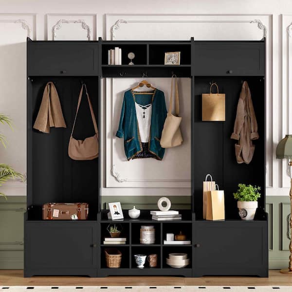 Black MDF Wood Hall Tree with Shoe Storage, 8-Cubbies, 7-Coat Hooks and Adjustable Shelf