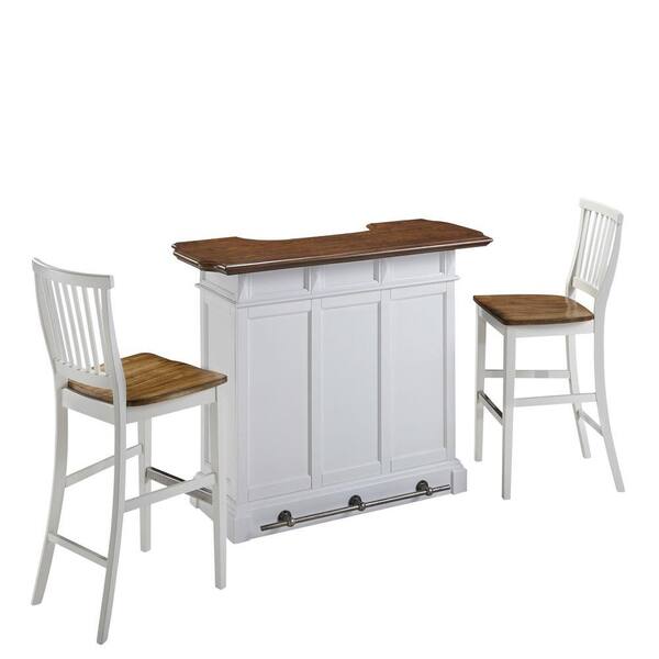 HOMESTYLES Americana 3-Piece White and Oak Bar Table Set