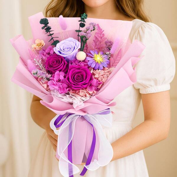 Dracelo 13.4-Inch Purple Artificial Preserved Rose Bouquet
