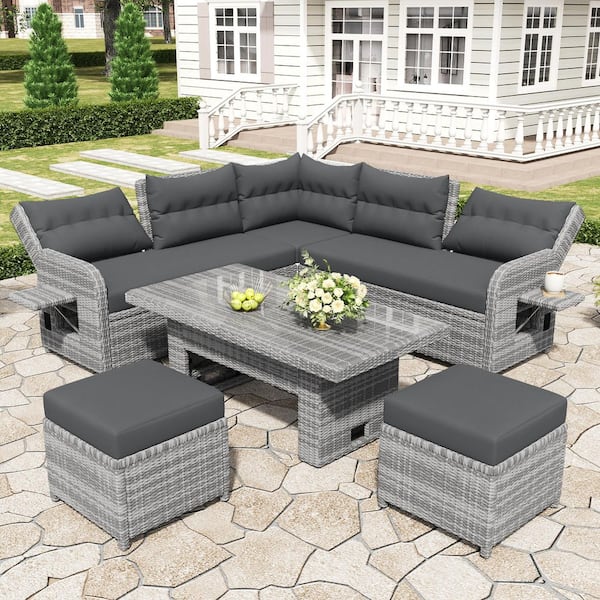 Unbranded Gray Rattan Wicker Outdoor Sectional Set Patio Furniture Set with Adjustable Table, Recliners, 2 Ottomans, Gray Cushions
