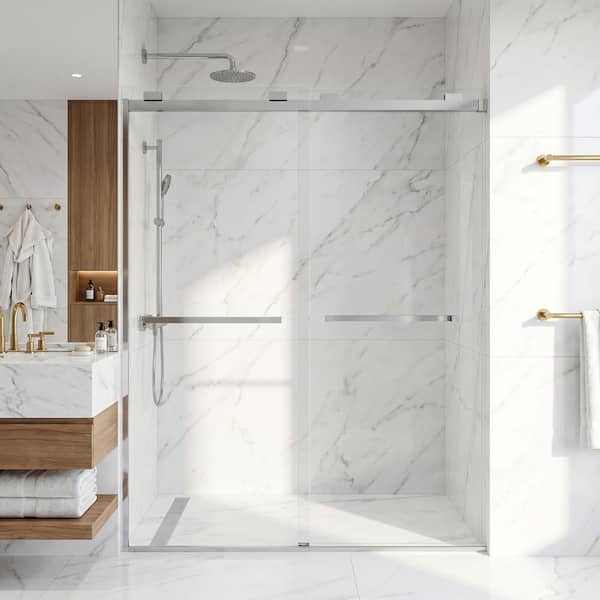 Houston 56 to 60 in. W x 76 in. H VMotion Sliding Frameless Shower Door in Stainless Steel with 3/8 in. Clear Glass