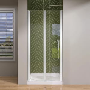 36 to 37.25 in. W x 72 in. H Bifold Semi-Frameless Pivot Swing Shower Door Hinged Shower Panel in Chrome w/ Clear Glass