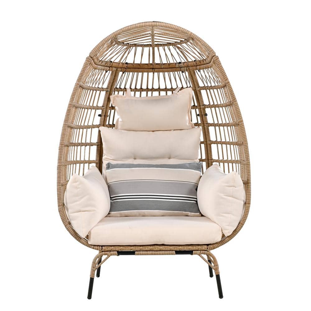 Brown Rope Egg-Shaped Steel Outdoor Lounge Chair with Beige Cushion, Suitab