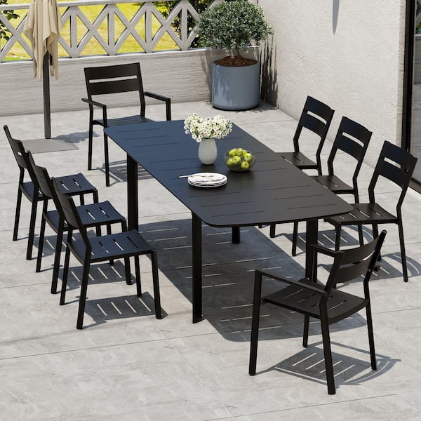 Crestlive Products Black 9-Piece Metal Outdoor Dining Set with 94.5 in. Extension Table and Stackable Chairs