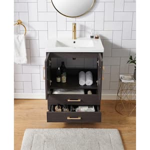 24 in. W x 18 in. D x 32 in . H Contemporary Black straight grain ebony bathroom vanity with white ceramic sink Top .