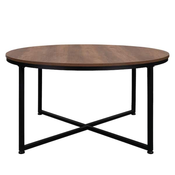 Kahomvis 35 in. Brown Round Wood Coffee Table with Steel Frame