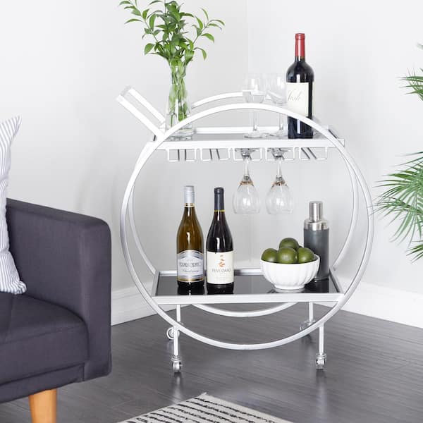 Litton Lane Silver Rolling 2 Mirrored Shelves Bar Cart with Wine Glass Storage and Handle