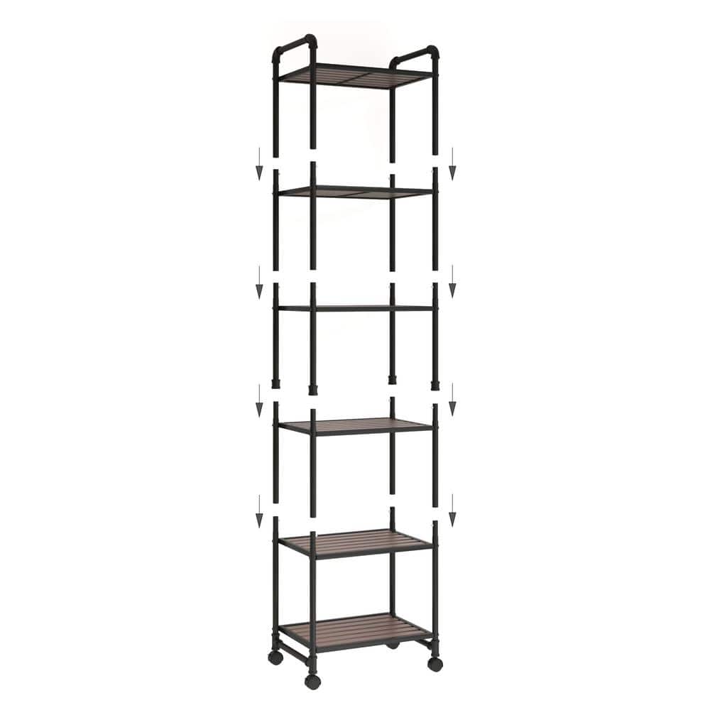 6-Tier Freestanding Metal Framed Wood Towel Rack with Wheels in Black