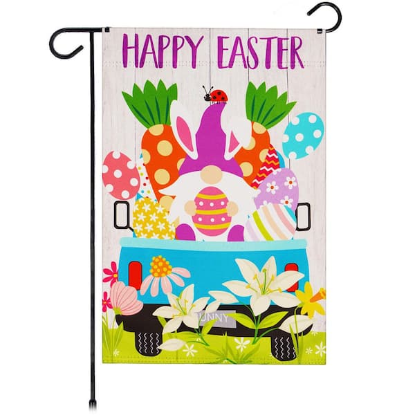 G128 1 ft. x 1.5 ft. Polyester Happy Easter Gnome in Truck 2-Sided Garden Flag Printed Blockout