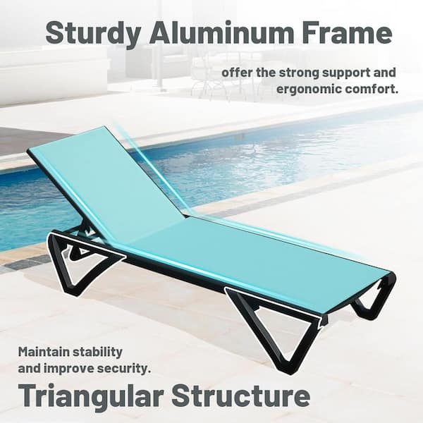 Unbranded 2-Piece Metal Outdoor Chaise Lounge Chair with 5 Position Adjustable Backrest, Wheels, All Weather Reclining Chair, Blue