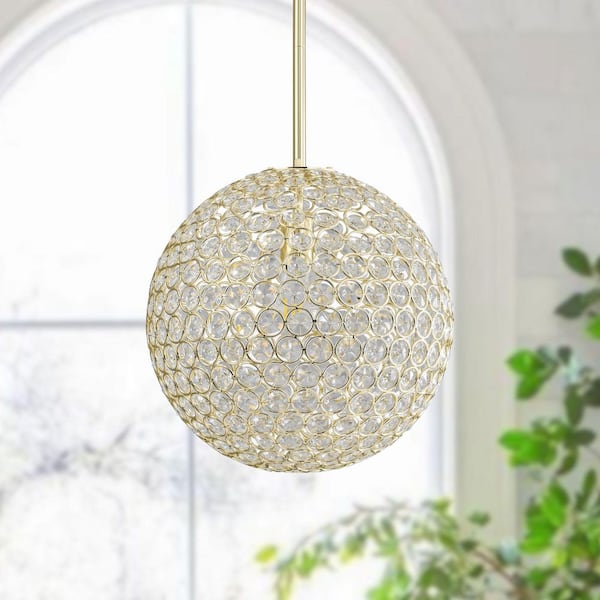 HUOKU Ramas 1-Light Antique Gold Globe Chandelier with Crystal Accents for Kitchen Island