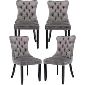 Modern Gray Velvet Dining Chairs Set of 4, Tufted Upholstered Wing Back Chairs with Back Ring Pull, Nailhead Trim