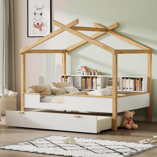 Harper & Bright Designs White Full Size Wood House Bed with Twin Size Trundle and Storage Bookshelf