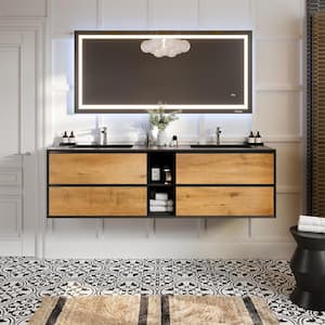Vienna 75 in. W x 20.70 in. D x 21.60 in. H Floating Double Bathroom Vanity in Black-Oak with Acrylic Top in Black