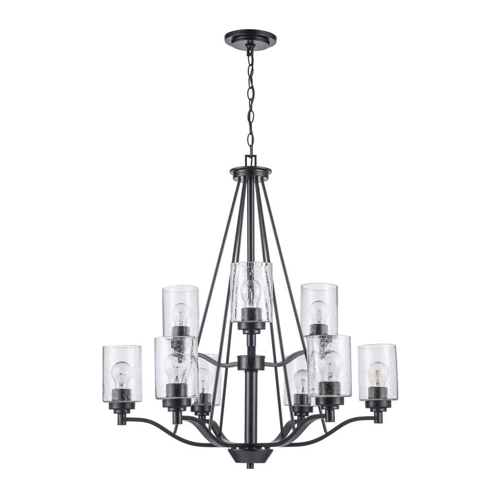 Simi Modern Black 9-Light Tiered Chandelier with Seeded Glass Shades