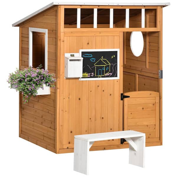 Unbranded Yellow Wood Outdoor Playhouse with Working Door, Windows, Mailbox, Bench, Flowers Pot Holder for Kids