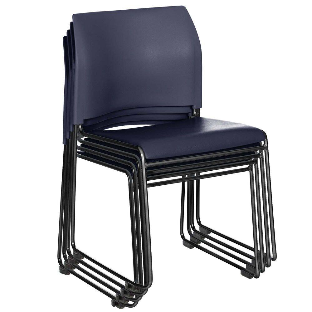 Side view of a blue vinyl stackable chair.