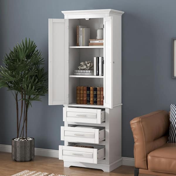 Nestfair 24 in. W x 15.7 in. D x 70 in. H White Wood Linen Cabinet with 3-Drawers