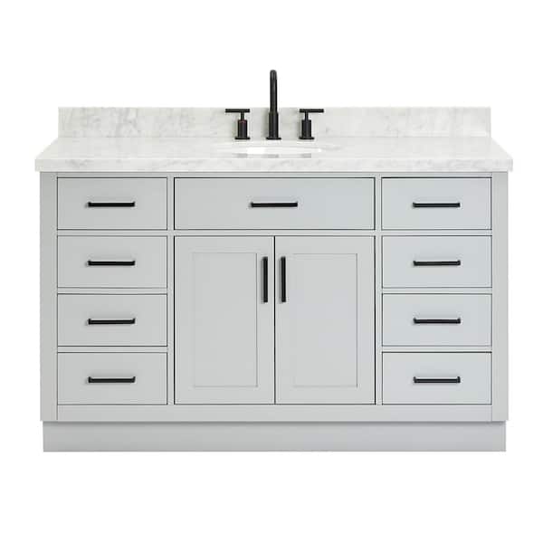 Hepburn 54 in. Single Sink Freestanding Bathroom Vanity in Gray with Carrara White Marble Top