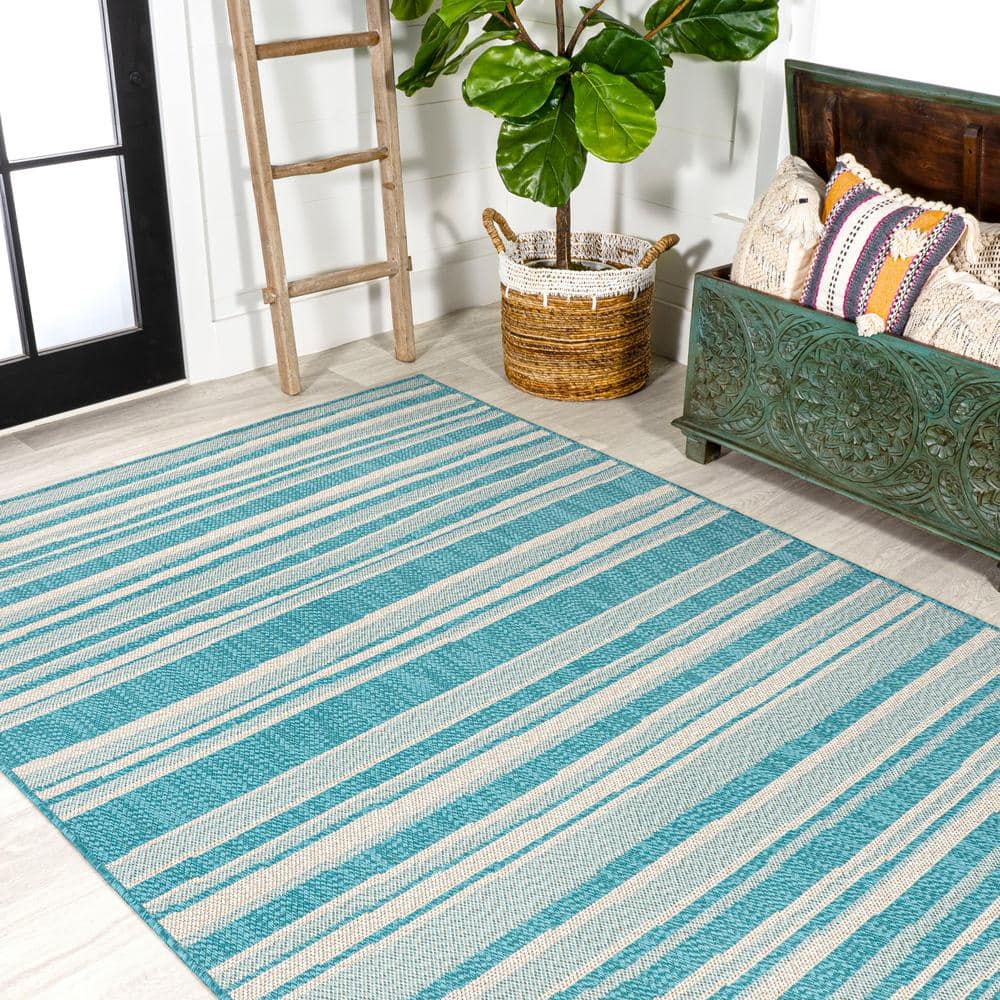 Aqua and Cream Stripe Synthetic 4' x 6' Indoor/Outdoor Rug