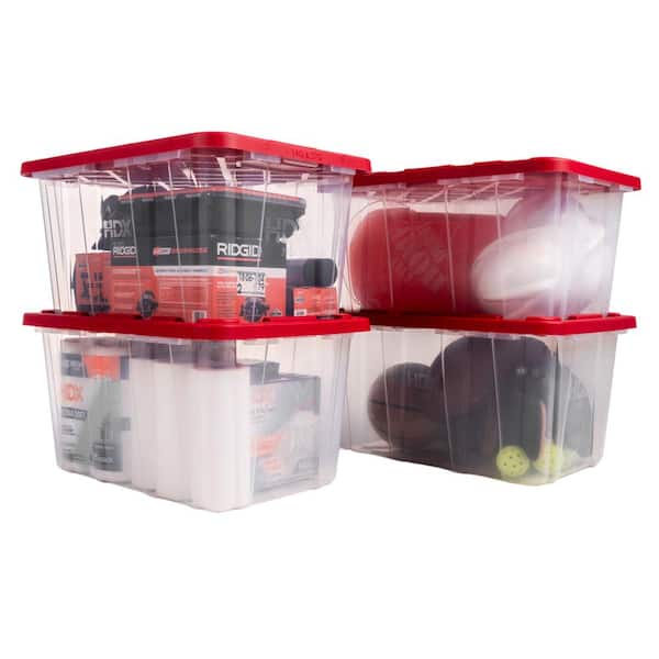27 Gal. Tough Storage Tote in Clear with Red Lid (4-Pack)