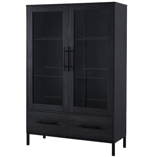 Black 60 in. Accent Cabinet with Tempered Glass Adjustable Shelves, Modern Office Storage Cabinet with Metal Legs