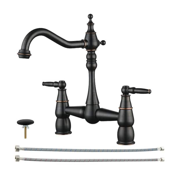 AVITAS Deck Mounted Double Handle Bridge Kitchen Faucet, Bridge Basin Faucet with Hole Cover in Oil Rubbed Bronze