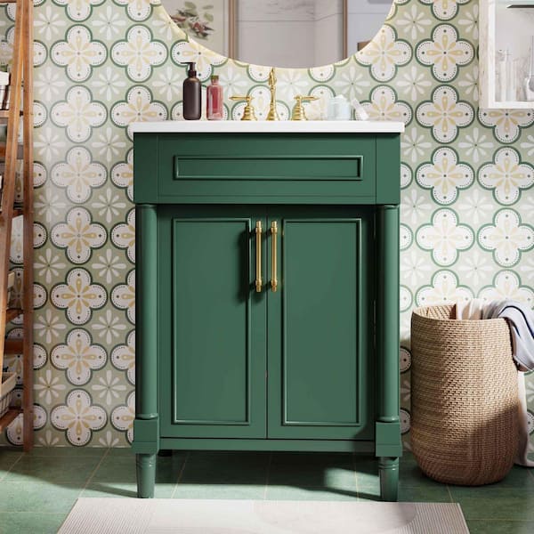 24 in. Freestanding Green Bath Vanity with White Ceramic Top, and 2-Doors