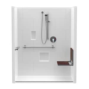 Trench Drain 60 in. x 34 in. x 76-3/4 in. 1-Piece Shower Stall Right Walnut Seat w/ Grab Bars and Shower Valve in White