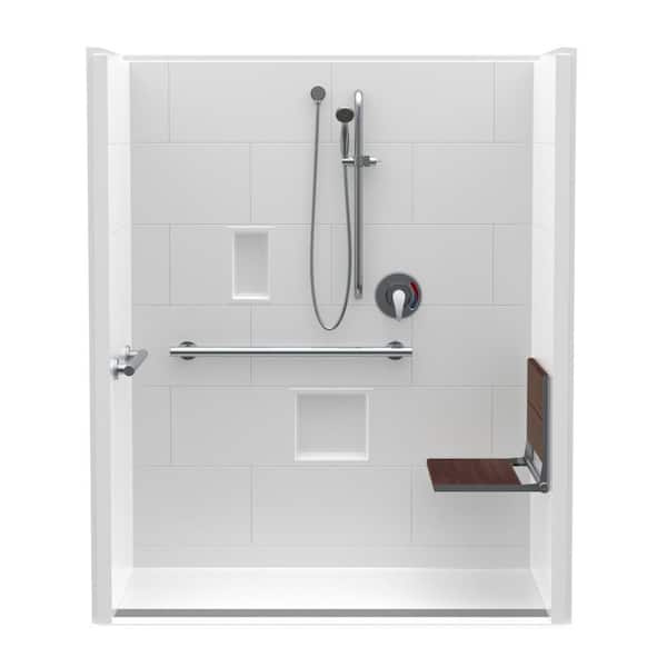 Aquatic Trench Drain 60 in. x 34 in. x 76-3/4 in. 1-Piece Shower Stall Right Walnut Seat w/ Grab Bars and Shower Valve in White