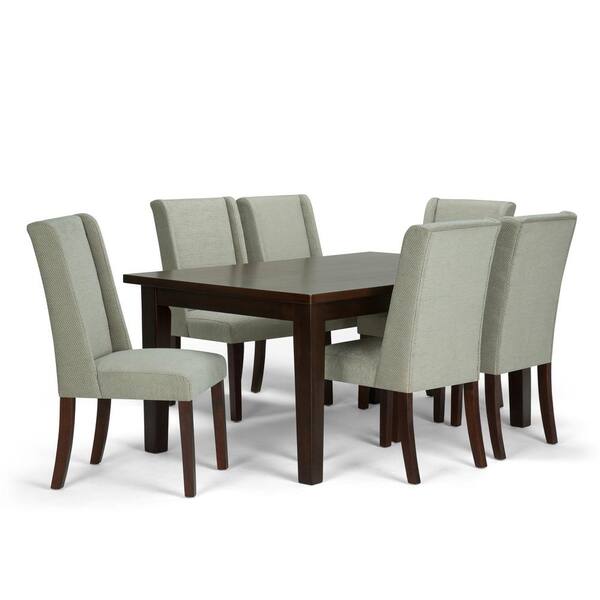 Simpli Home Sotherby 7-Piece Dining Set with 6 Upholstered Dining Chairs in Mist Fabric and 66 in. Wide Table