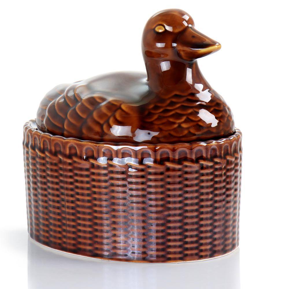 Brown Stoneware Goose-Shaped Oval Baker with Lid
