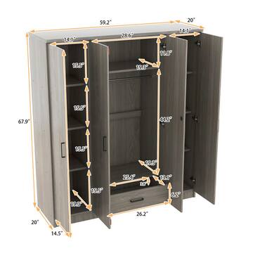Gray Wood 59.2 in. 4-Door Wardrobe Armoires with Hanging Rod, Locking Drawer and Storage Shelves