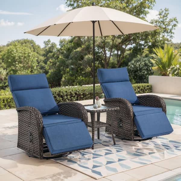 SleekArm Brown 3-Piece Wicker Outdoor Recliner with Olefin Blue Cushions and Side Table/ Patio Swivel Chairs