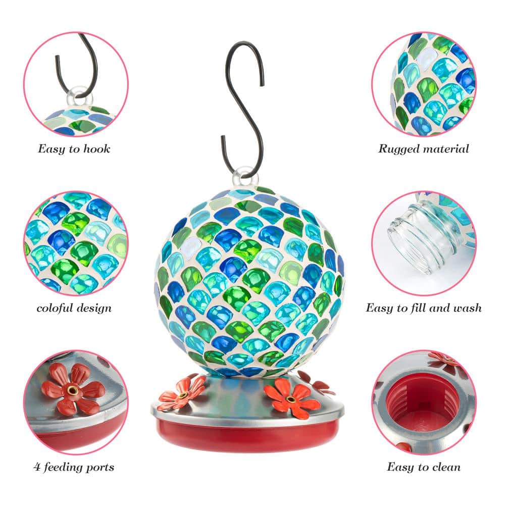 Hand-Blown Glass Hanging Hummingbird Feeder with Metal Hanger