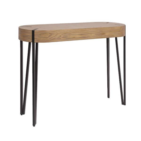 The Astoria Collection 42 in. Natural and Brown Oval Wood Console Table with Metal Hairpin Legs