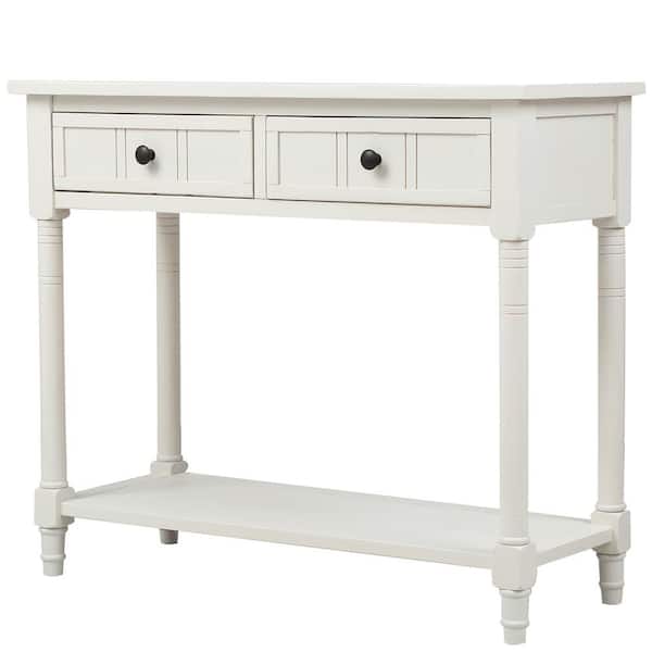 Polibi 35.43 in. Ivory Rectangle Wood Console Table with Two Drawers and Bottom Shelf Ivory White