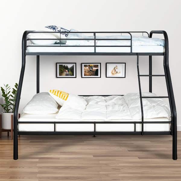 Sleek Black Metal Bunk Bed - Twin Over Full, Bunk Sized Bed with Safety Rails and Ladder