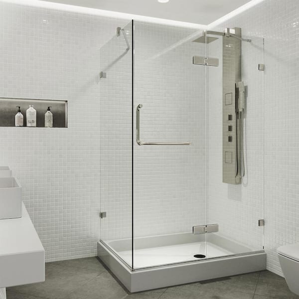 VIGO Monteray 32 in. L x 48 in. W x 79 in. H Frameless Pivot Shower Enclosure Kit in Brushed Nickel with 3/8 in. Clear Glass