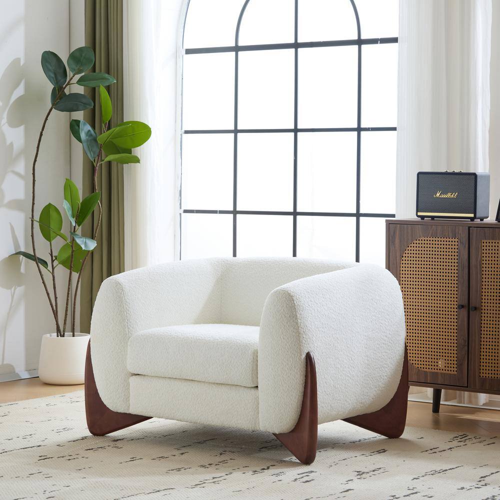 Modern White Boucle Upholstered Club Chair with Walnut Wood Legs