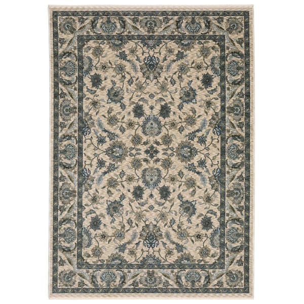 7 ft. x 10 ft. Blue And Ivory Floral Area Rug With Fringe