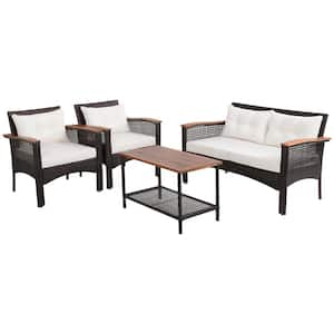 4-Piece PE Rattan Wicker Patio Conversation Set with Off White Cushions and Armrest