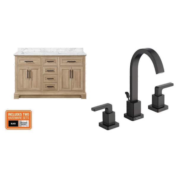 Doveton 60 in. Weathered Tan Double Sink Vanity with White Marble Top and Matte Black 8 in. Widespread Faucet Combo