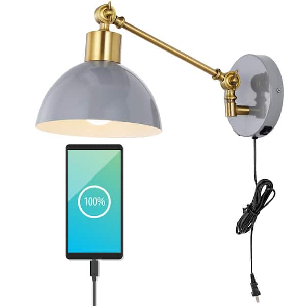 JONATHAN Y Lisa 18 in. Swing Arm 1-Light Grey/Brass Gold Modern Midcentury Iron USB Charging Port LED Wall Sconce