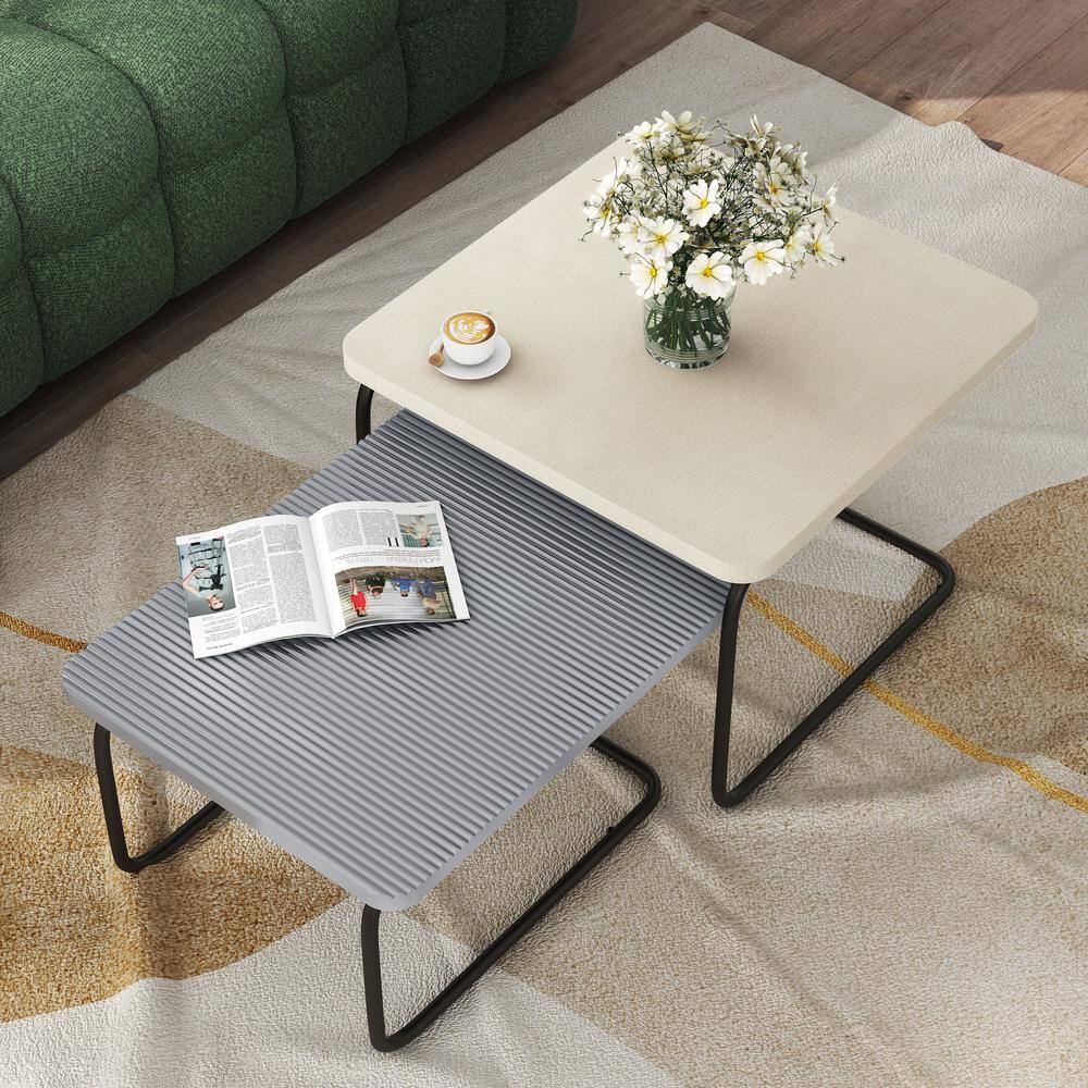 Modern Cream and Gray Textured 2-Piece Nesting Coffee Table Set