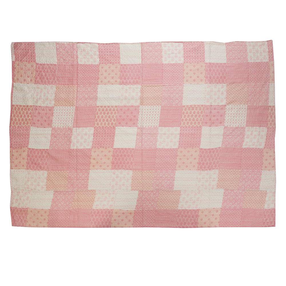 Light Pink Cotton Patchwork Kantha Throw Blanket, 50" x 70"